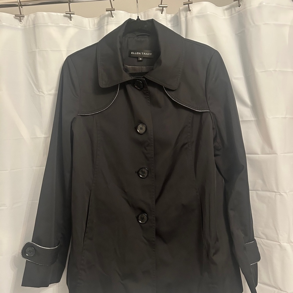 Ellen Tracy Black Trench Coat with Button Details
